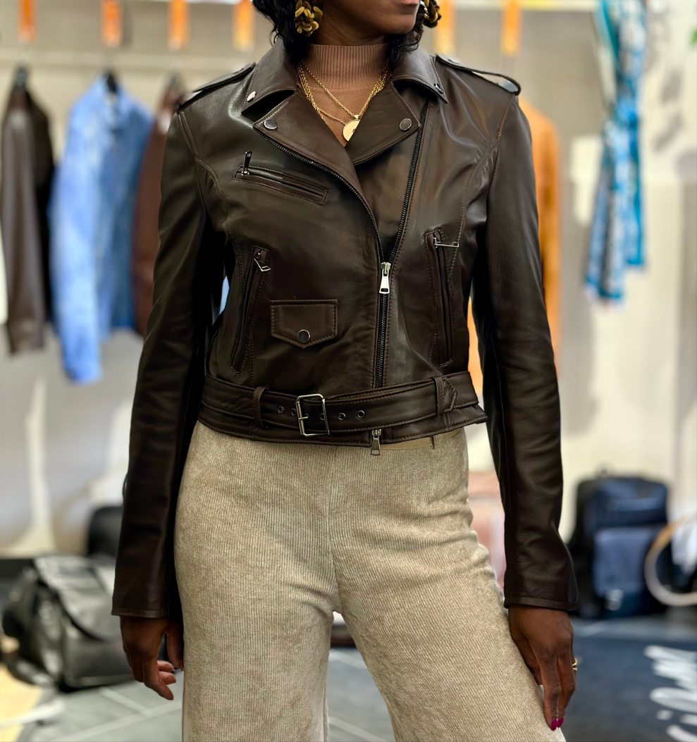 Veste en cuir « Pantera » en cuir nappa marron foncé