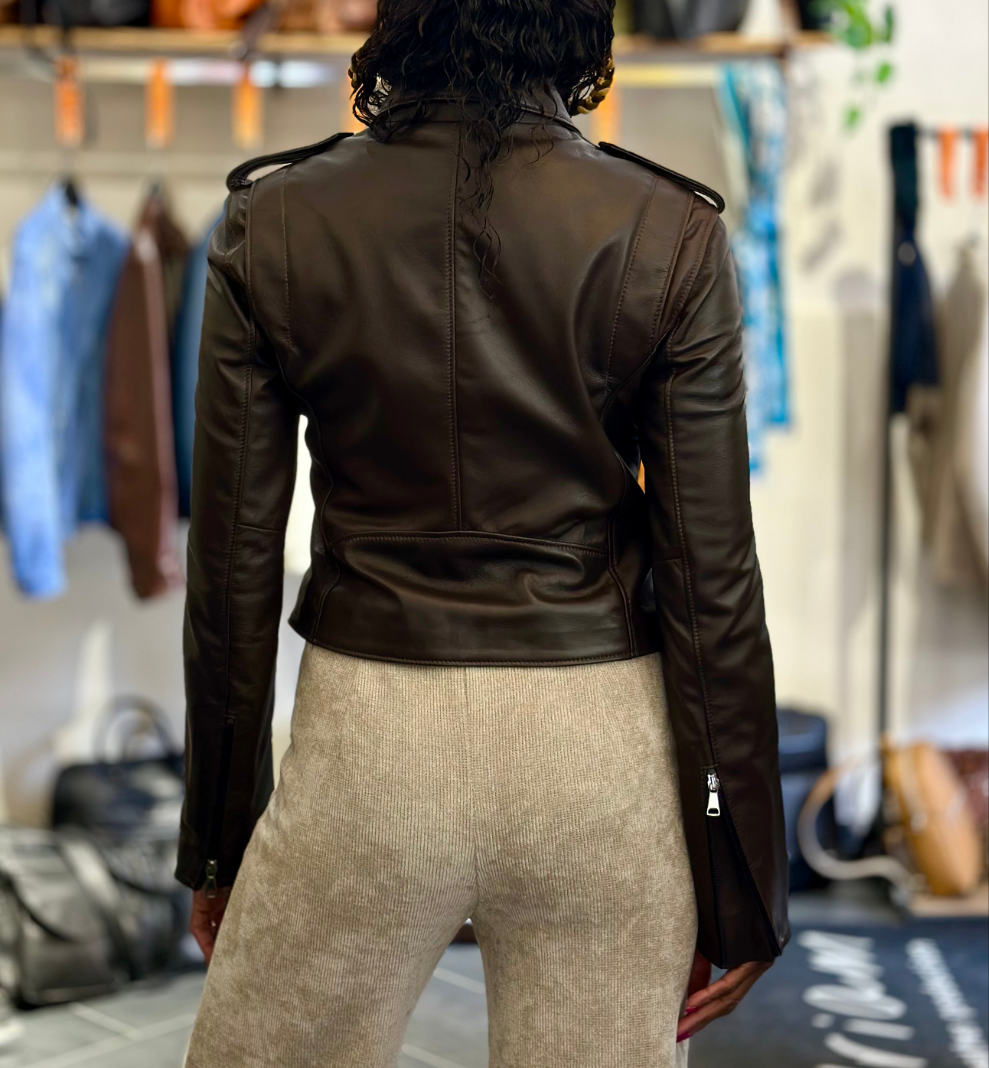 Veste en cuir « Pantera » en cuir nappa marron foncé
