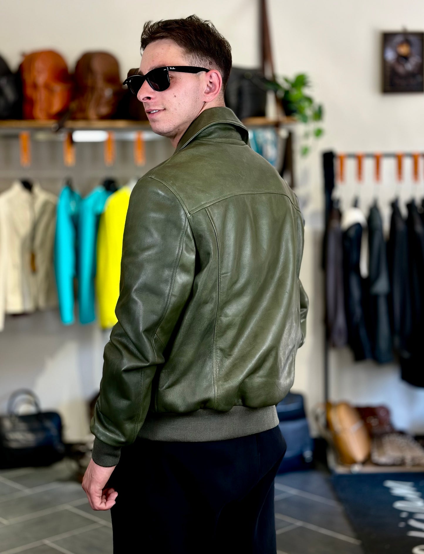 Hand-stamped green “Vesuvio Jacket” (Friso pocket version)