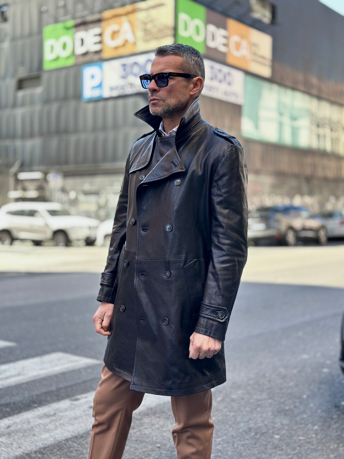 “Heritage Trench” trench coat in washed leather