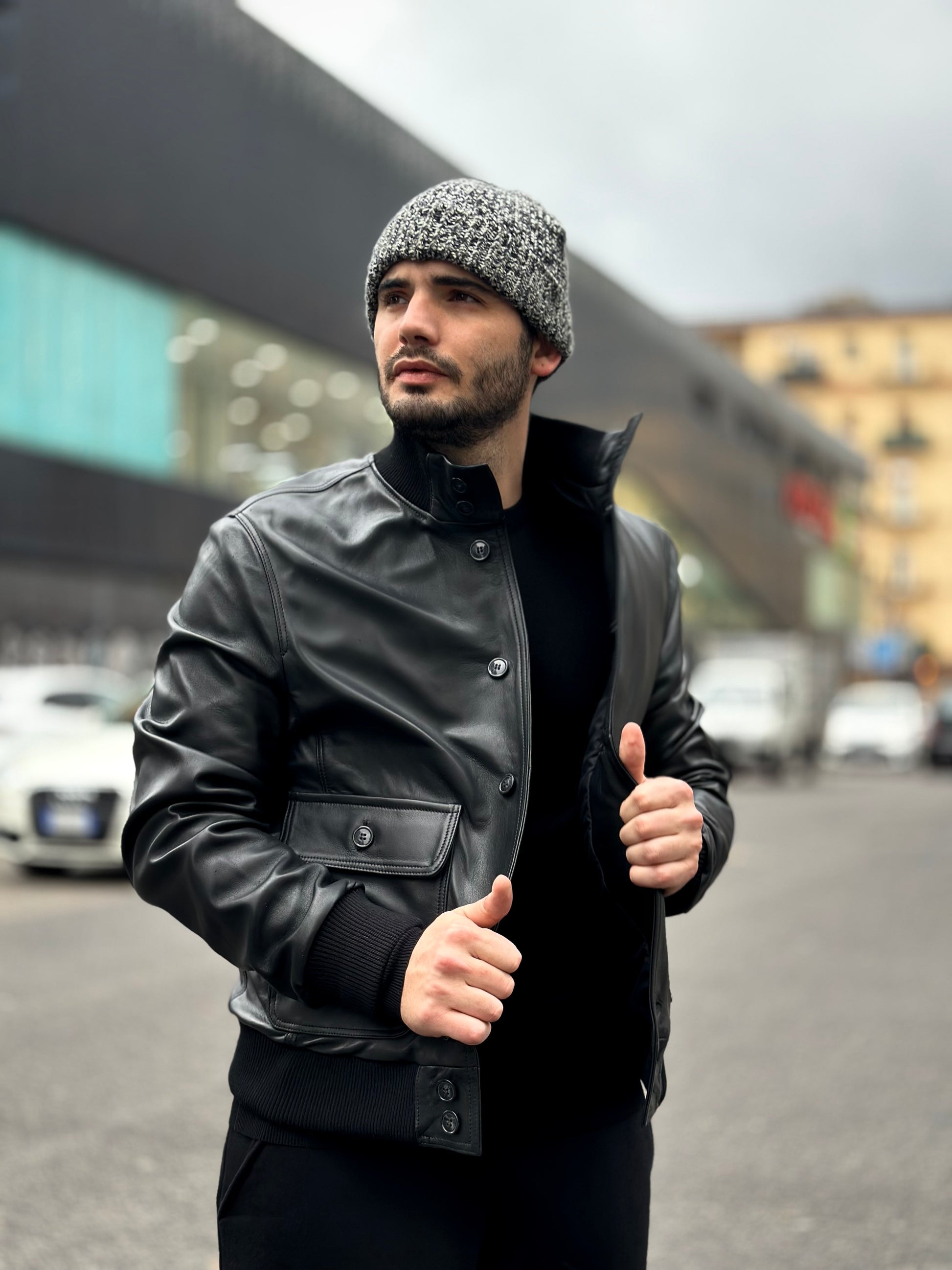 AKTIV 8 Bomber B3 nero da uomo in vera pelle di agnello Sherpa AKTIV 8 Bomber B3 nero da uomo in vera pelle di agnello Sherpa