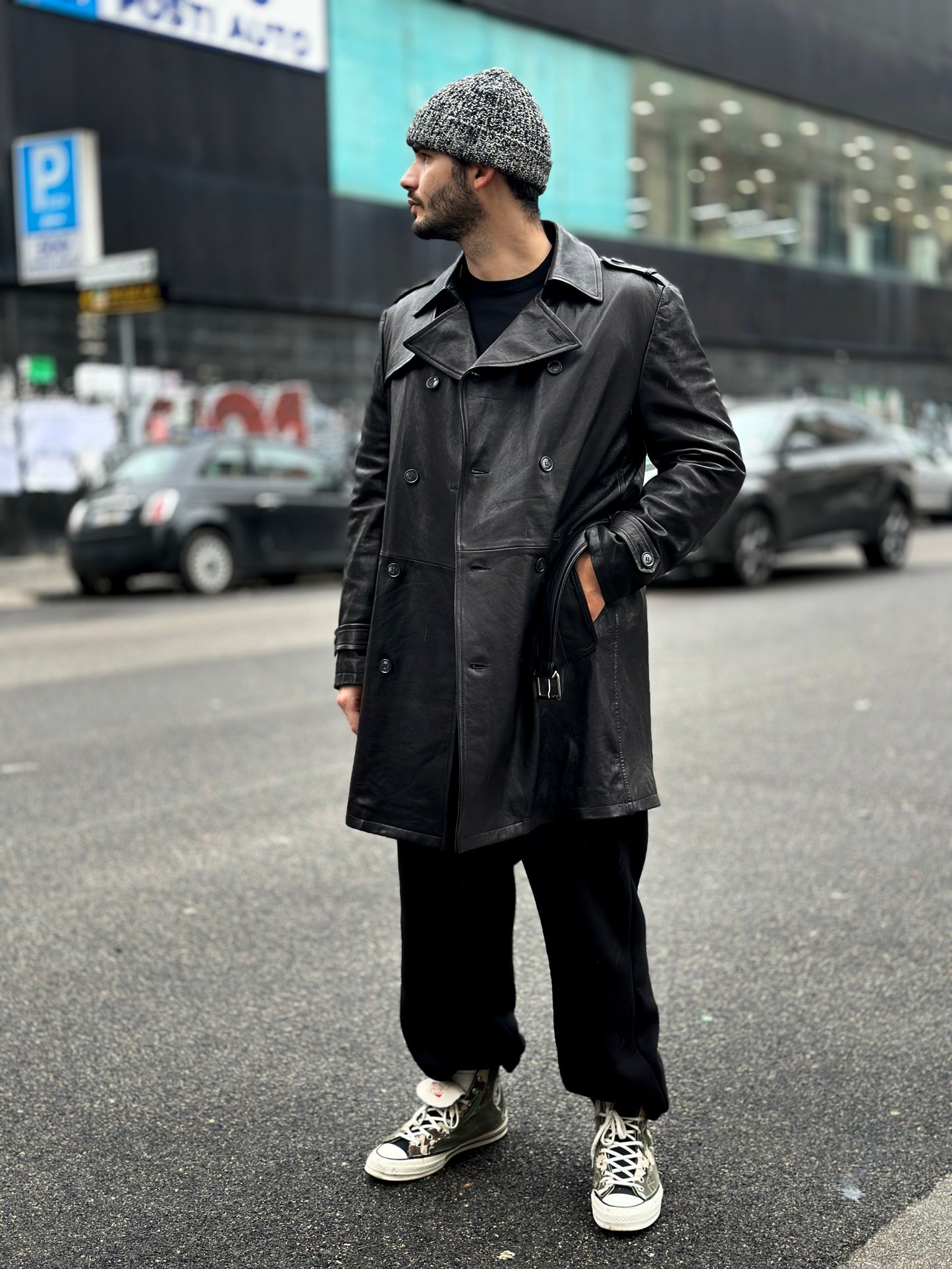 “Heritage Trench” trench coat in washed leather