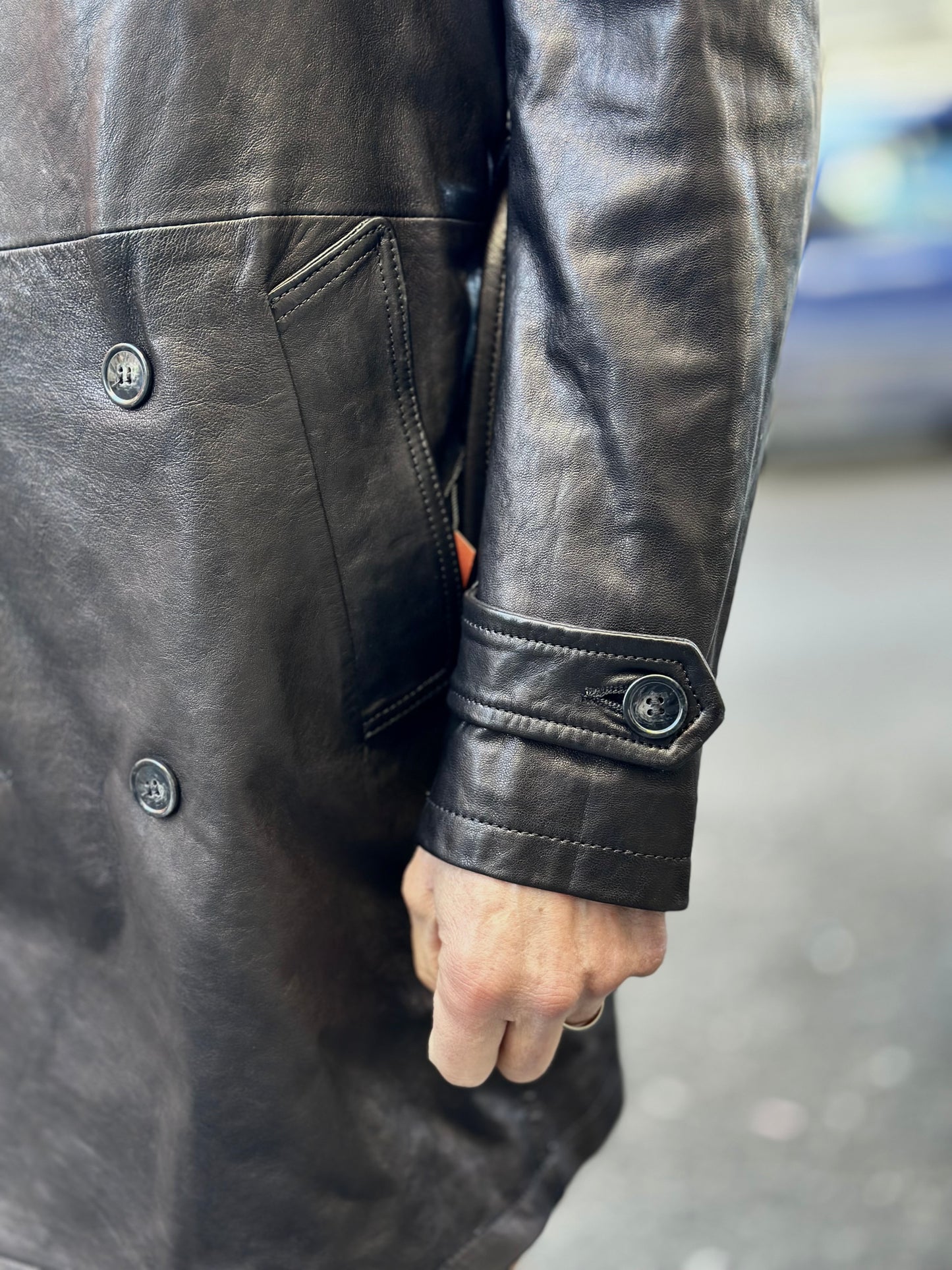 “Heritage Trench” trench coat in washed leather