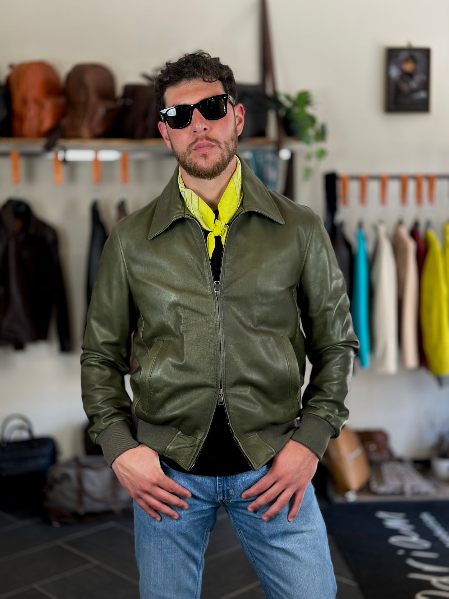 Hand-stamped green “Vesuvio Jacket” (Friso pocket version)