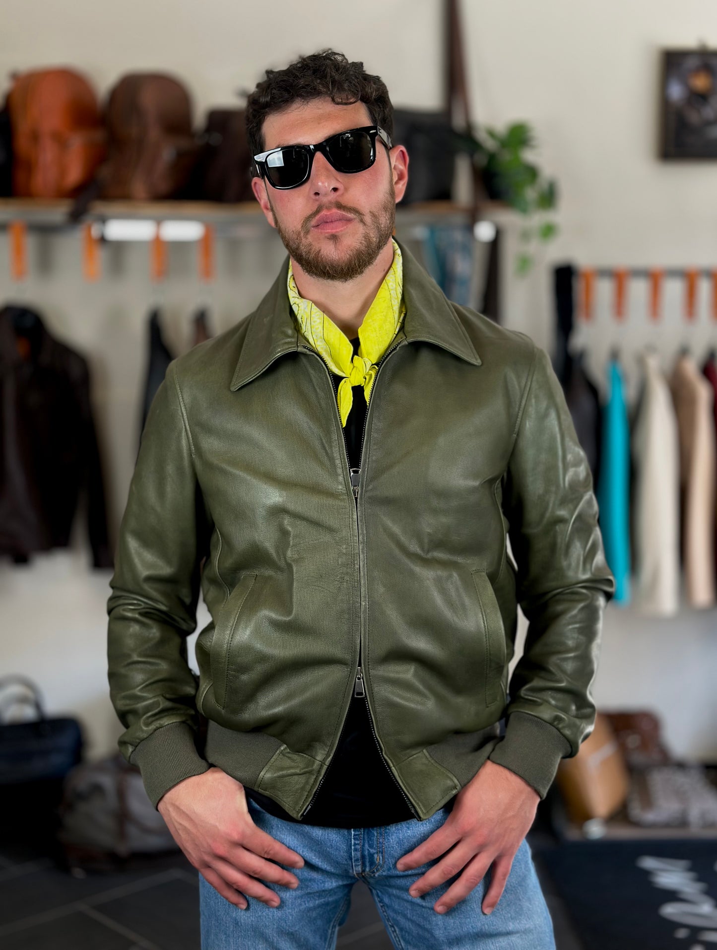 Hand-stamped green “Vesuvio Jacket” (Friso pocket version)
