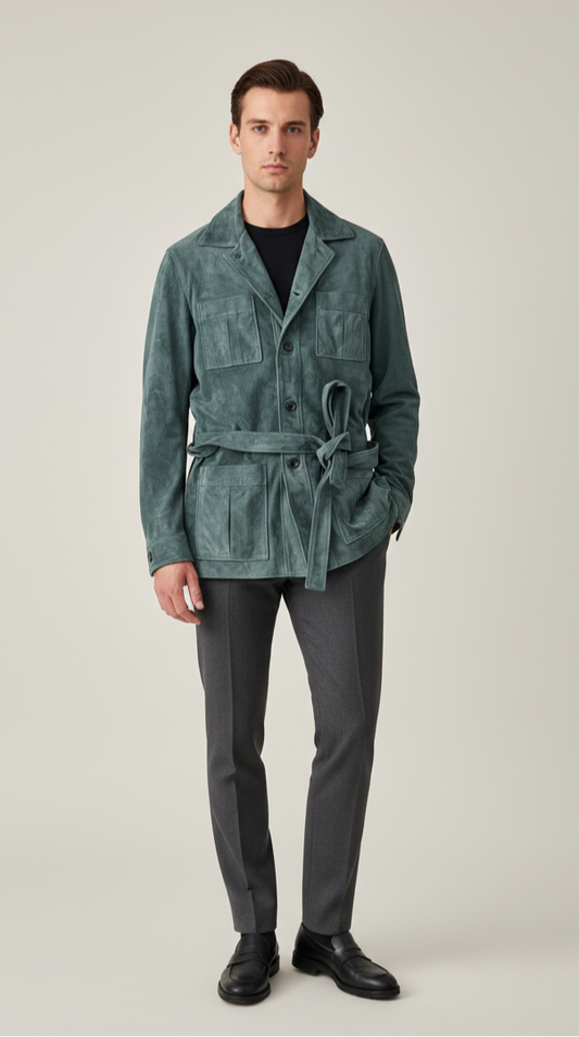 "Partenope" sahariana in pelle scamosciata verde tiffany
