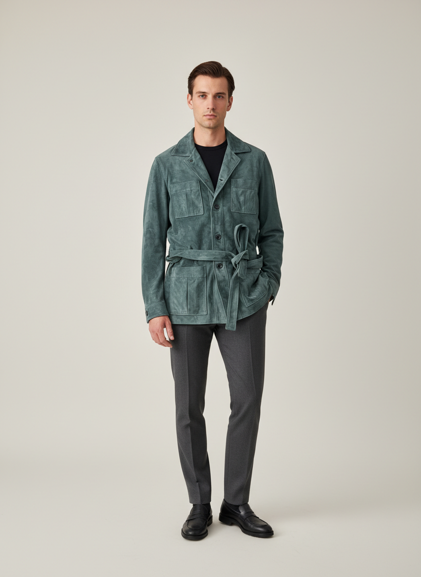 "Partenope" sahariana in pelle scamosciata verde tiffany