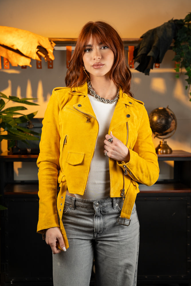 "Sunlit Mustard Suede Jacket" Chiodo Donna In pelle Scamosciata