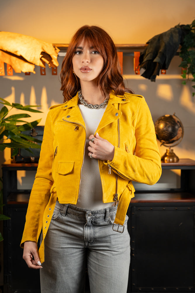 "Sunlit Mustard Suede Jacket" Chiodo Donna In pelle Scamosciata