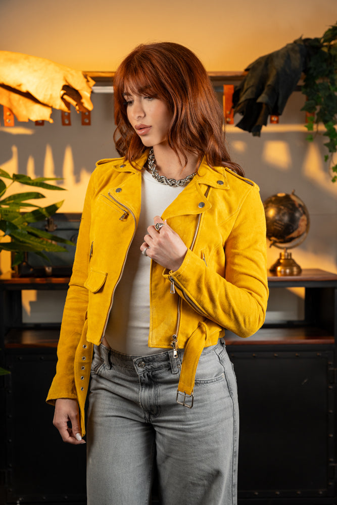 "Sunlit Mustard Suede Jacket" Chiodo Donna In pelle Scamosciata