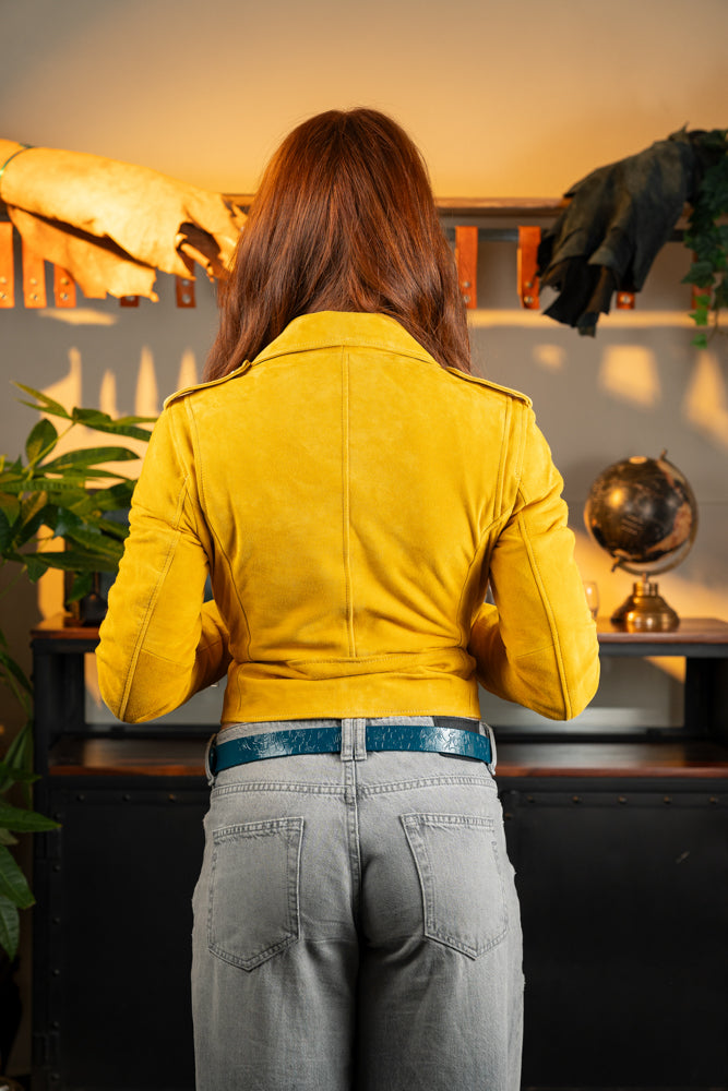 "Sunlit Mustard Suede Jacket" Chiodo Donna In pelle Scamosciata