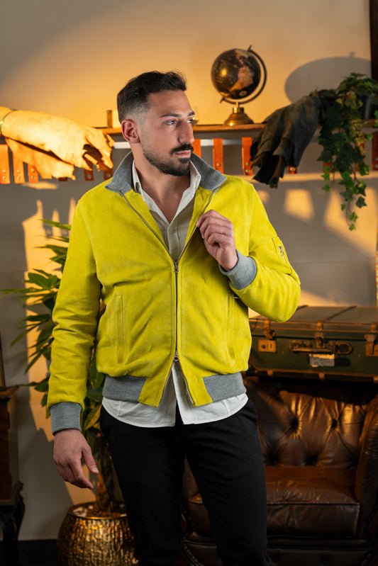 Blouson aviateur en daim « Brera » avec fermeture éclair, couleur citron vert