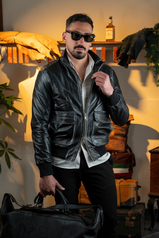 "Vintage Vibe Leather Bomber" Bomber schiarent con tasconi