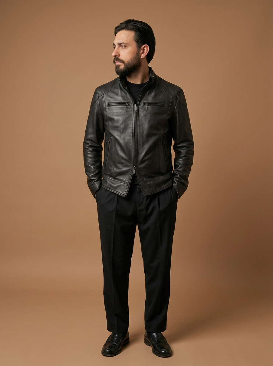 Giacca biker in pelle uomo "Vireo" — agnello con cappuccio staccabile, waxy