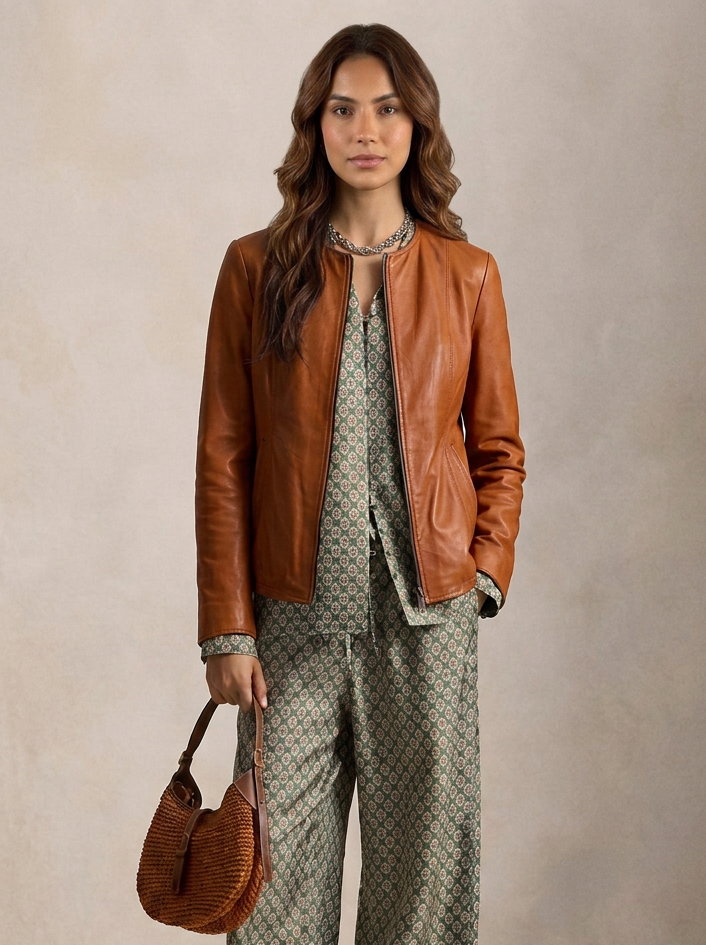 Giacca biker in pelle donna "Perla" — scollato cognac