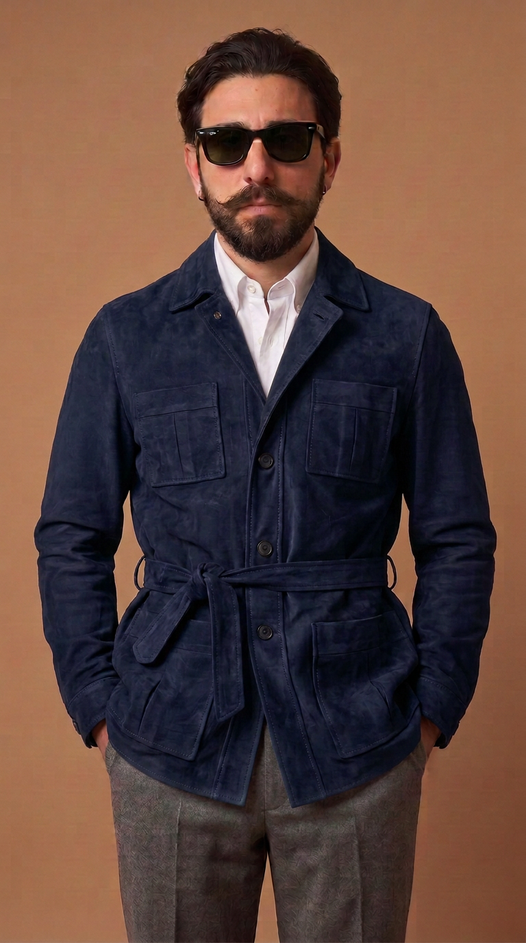 Sahariana in pelle scamosciata blu scuro uomo "Partenope"
