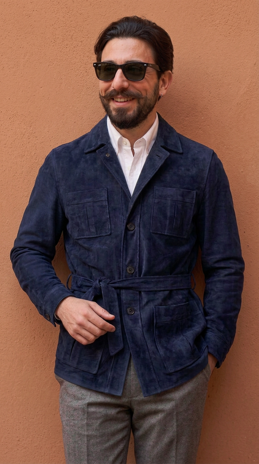 Sahariana in pelle scamosciata blu scuro uomo "Partenope"