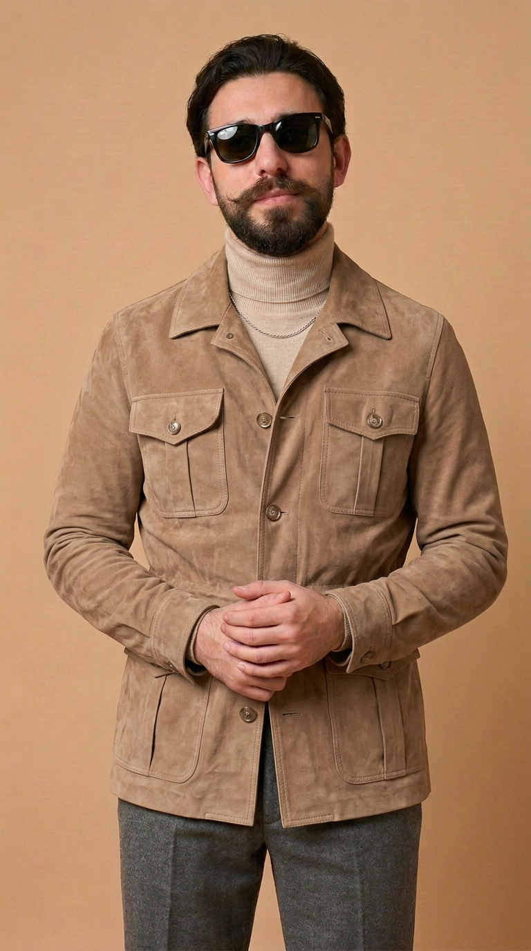 Sahariana in pelle scamosciata uomo "Mediterranea" — capretto