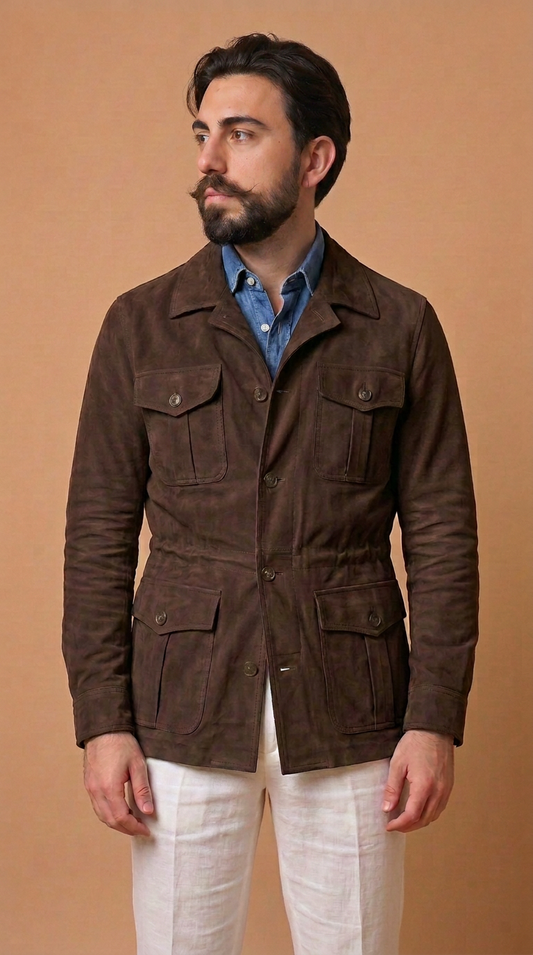 Sahariana in pelle scamosciata uomo "Mediterranea" — capretto testa di moro