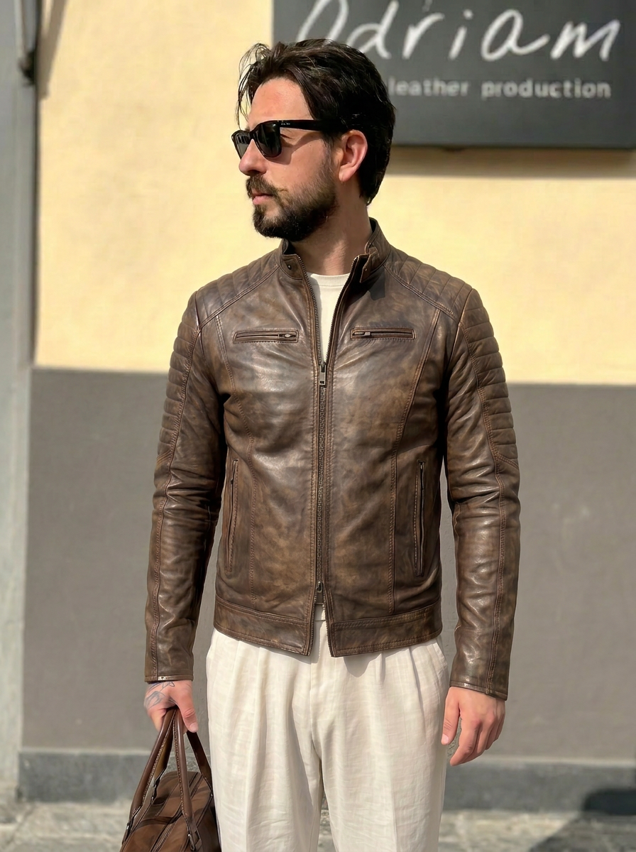 Giacca biker in pelle uomo "Stallion" — nappa vintage primo fiore extra morbida