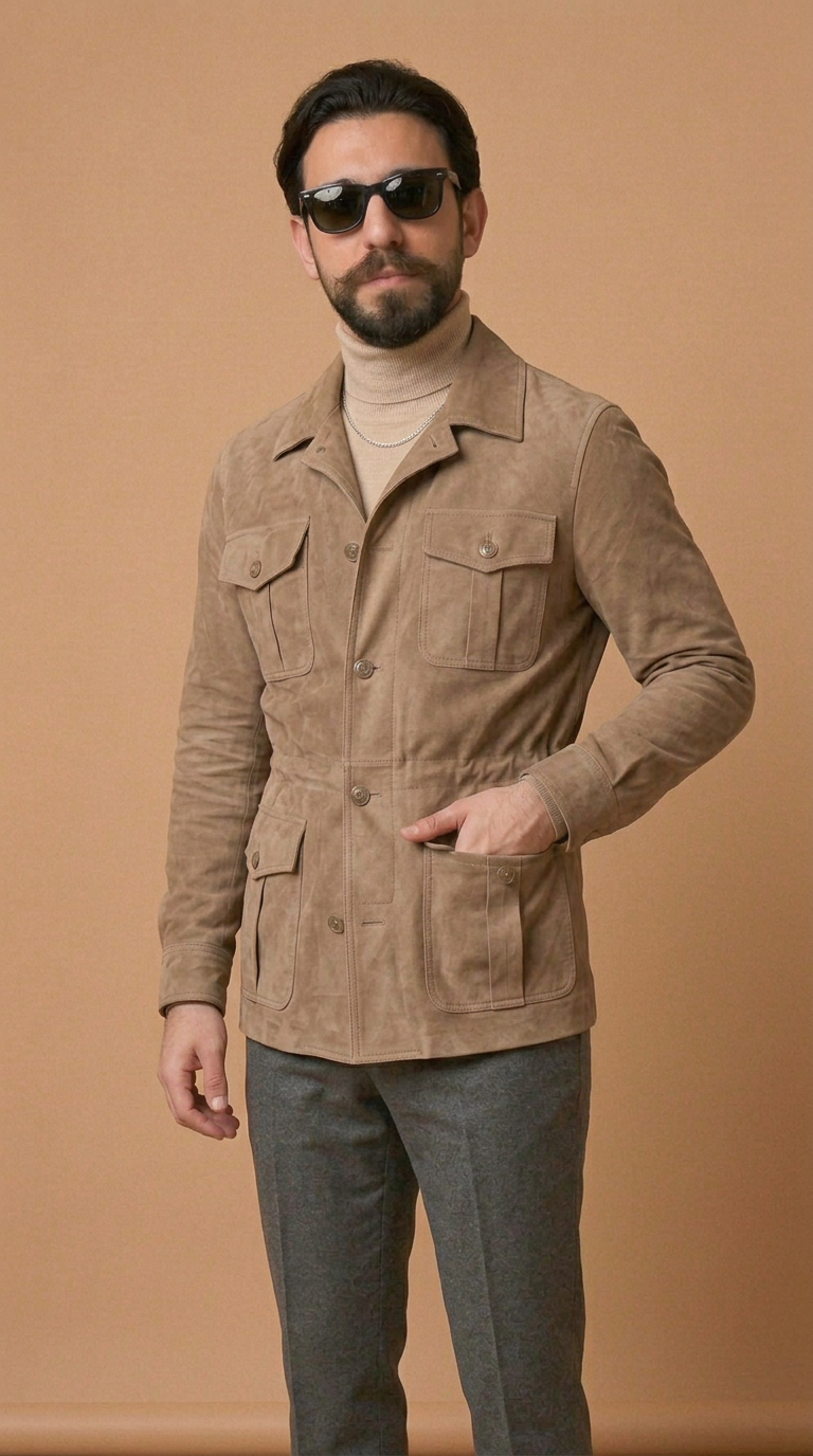 Sahariana in pelle scamosciata uomo "Mediterranea" — capretto