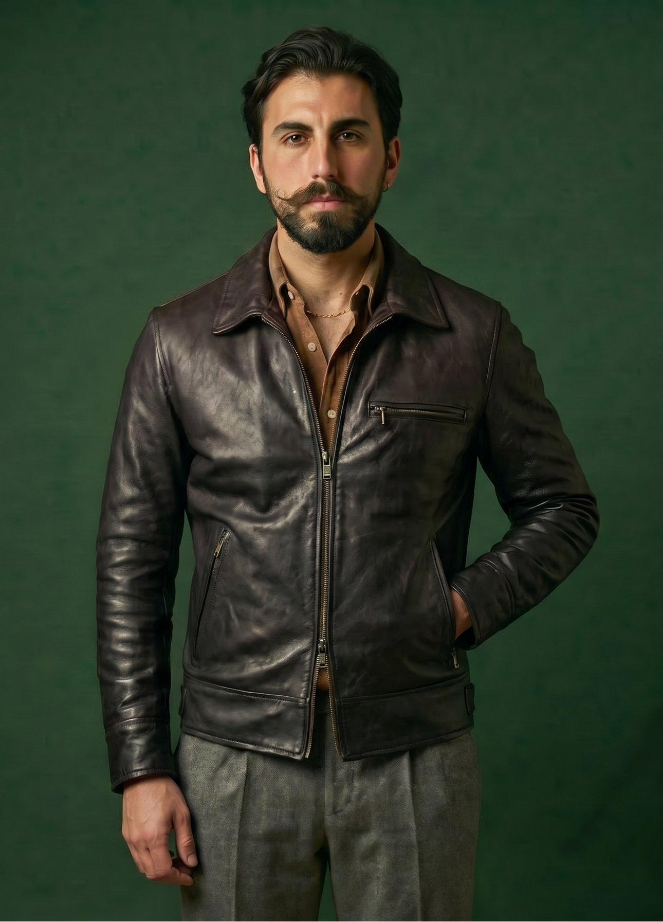 Giacca biker in pelle uomo "Heritage Rider" — testa di moro