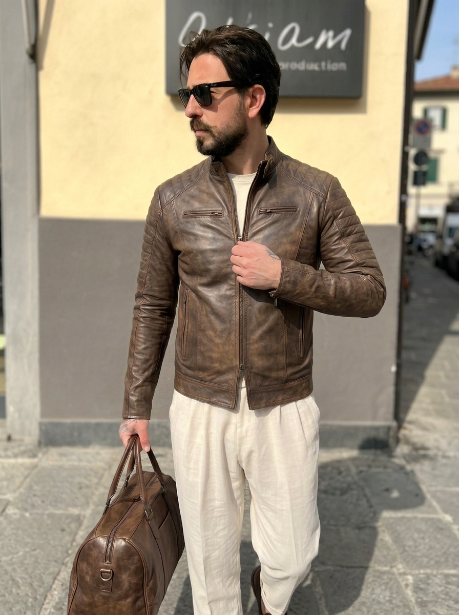 Giacca biker in pelle uomo "Stallion" — nappa vintage primo fiore extra morbida