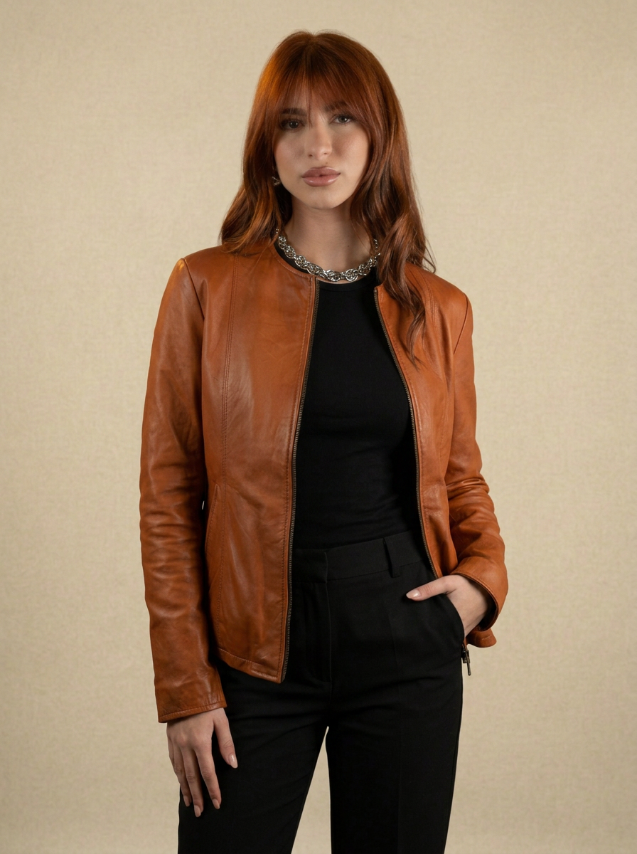 Giacca biker in pelle donna "Perla" — scollato cognac
