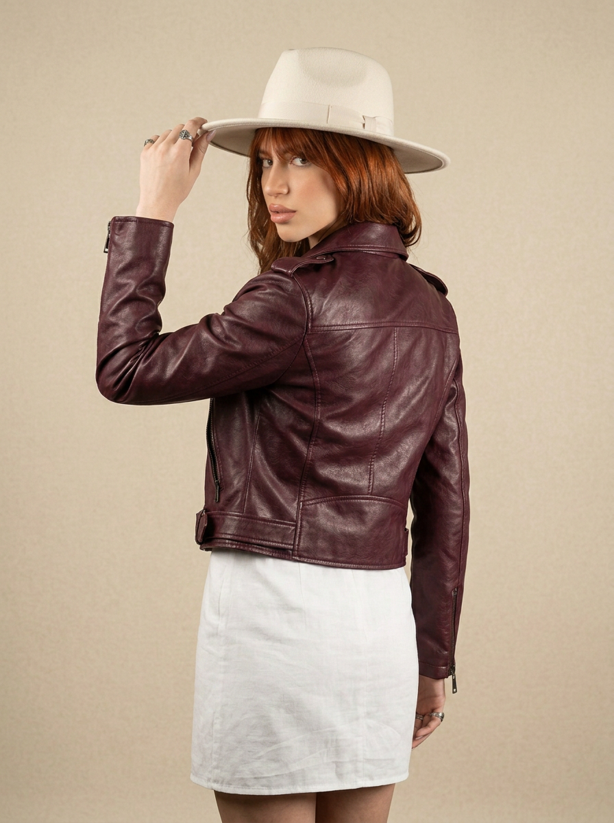Giacca biker in pelle donna "Pantera" — vinaccio concia vegetale