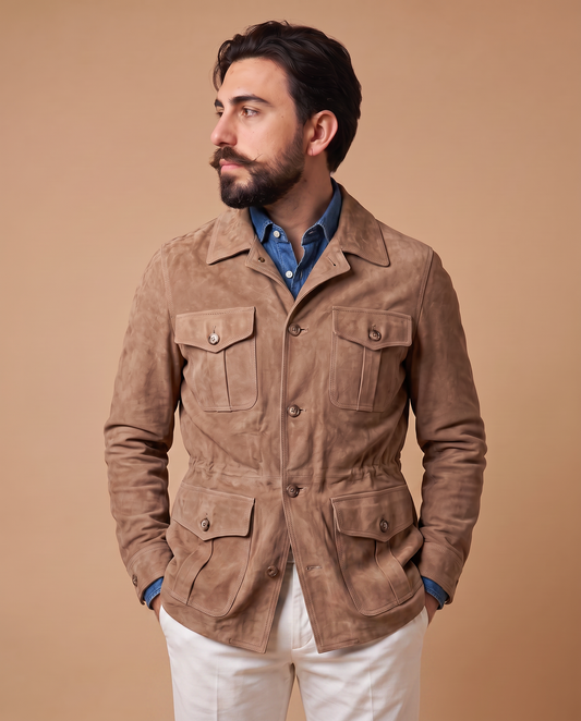 Sahariana in pelle scamosciata uomo "Mediterranea" — capretto