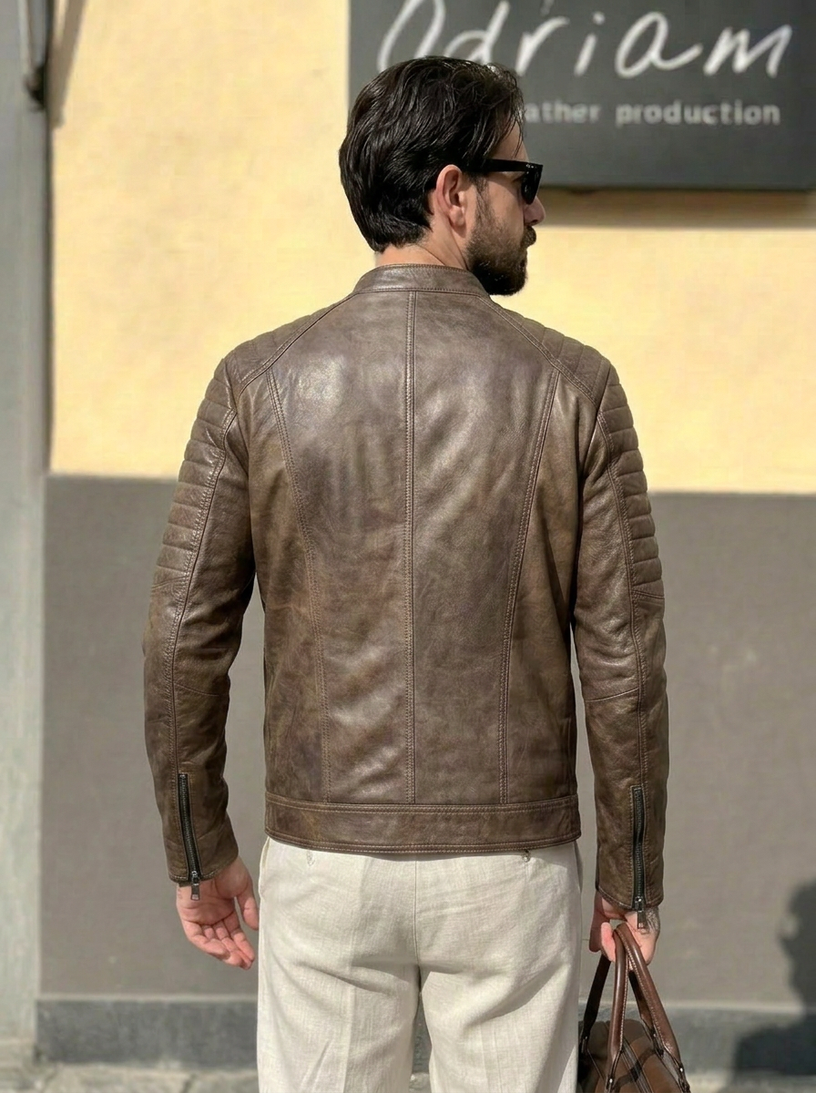 Giacca biker in pelle uomo "Stallion" — nappa vintage primo fiore extra morbida