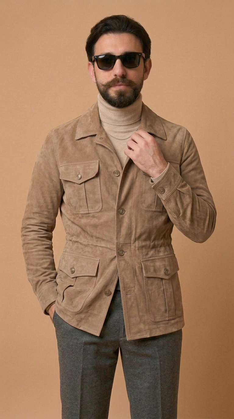 Sahariana in pelle scamosciata uomo "Mediterranea" — capretto