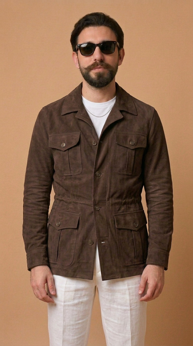 Sahariana in pelle scamosciata uomo "Mediterranea" — capretto testa di moro