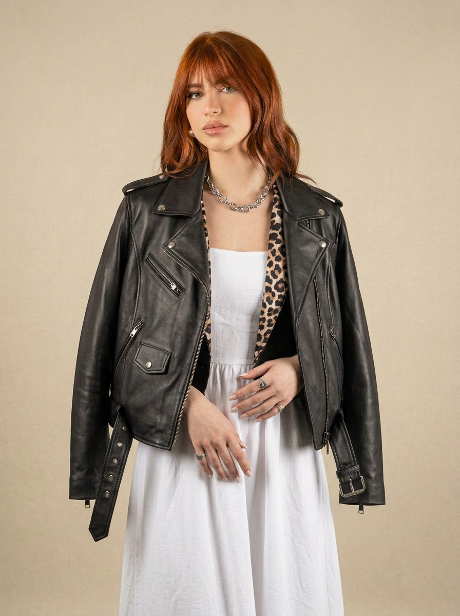 Giacca biker in pelle donna "Pantera" — nero slim, concia vegetale