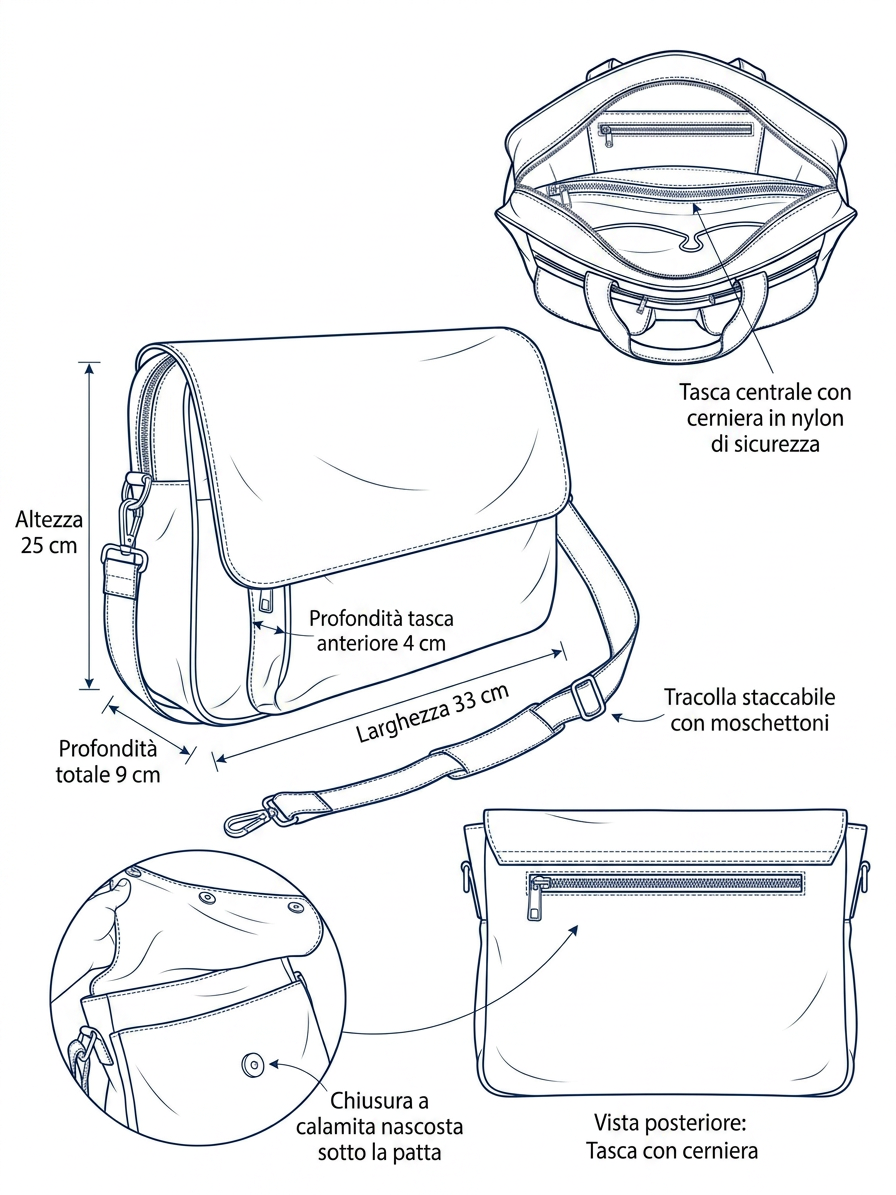 "Messanger Bag" in vitello nero grana naturale