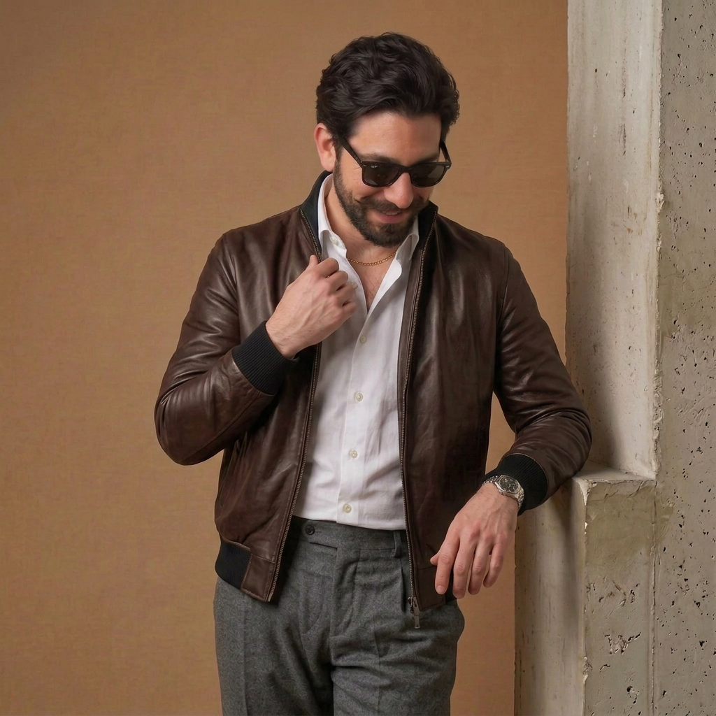 Bomber n pelle testa di moro con zip "Brera"