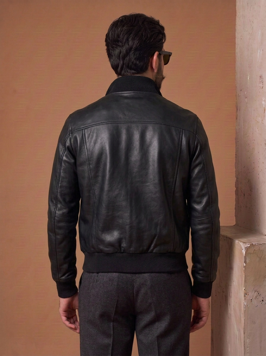 Bomber in pelle uomo "Brera" — nero con zip
