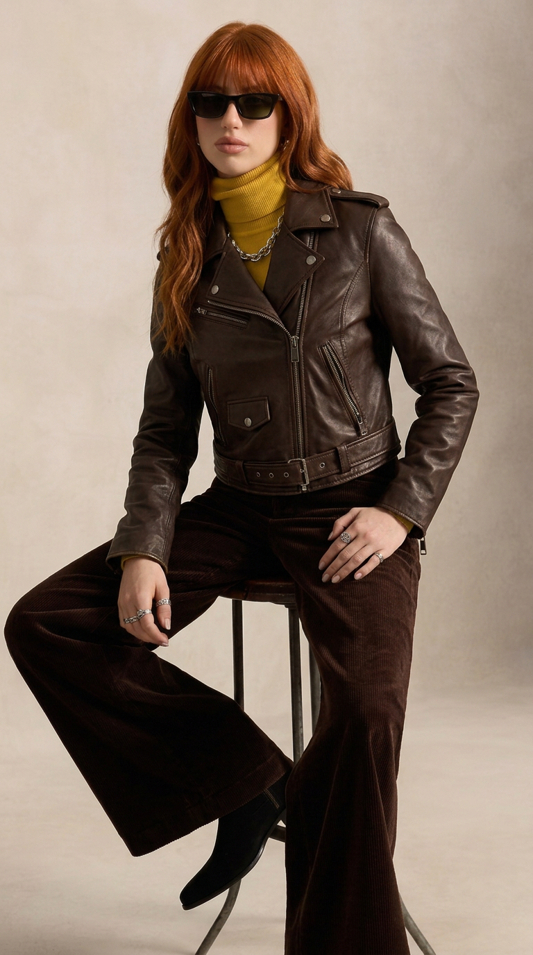 Women's Leather Biker Jacket "Pantera" — Dark brown Nappa leather