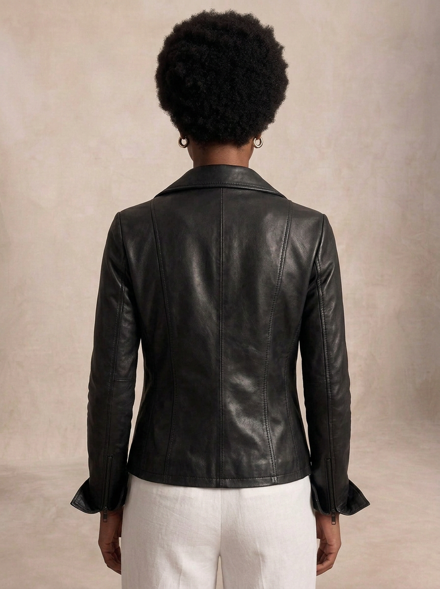 Giacca biker in pelle donna "Perla" — nappa nera
