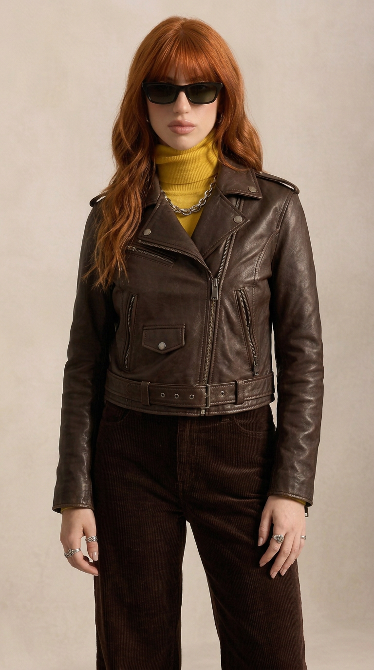 Women's Leather Biker Jacket "Pantera" — Dark brown Nappa leather