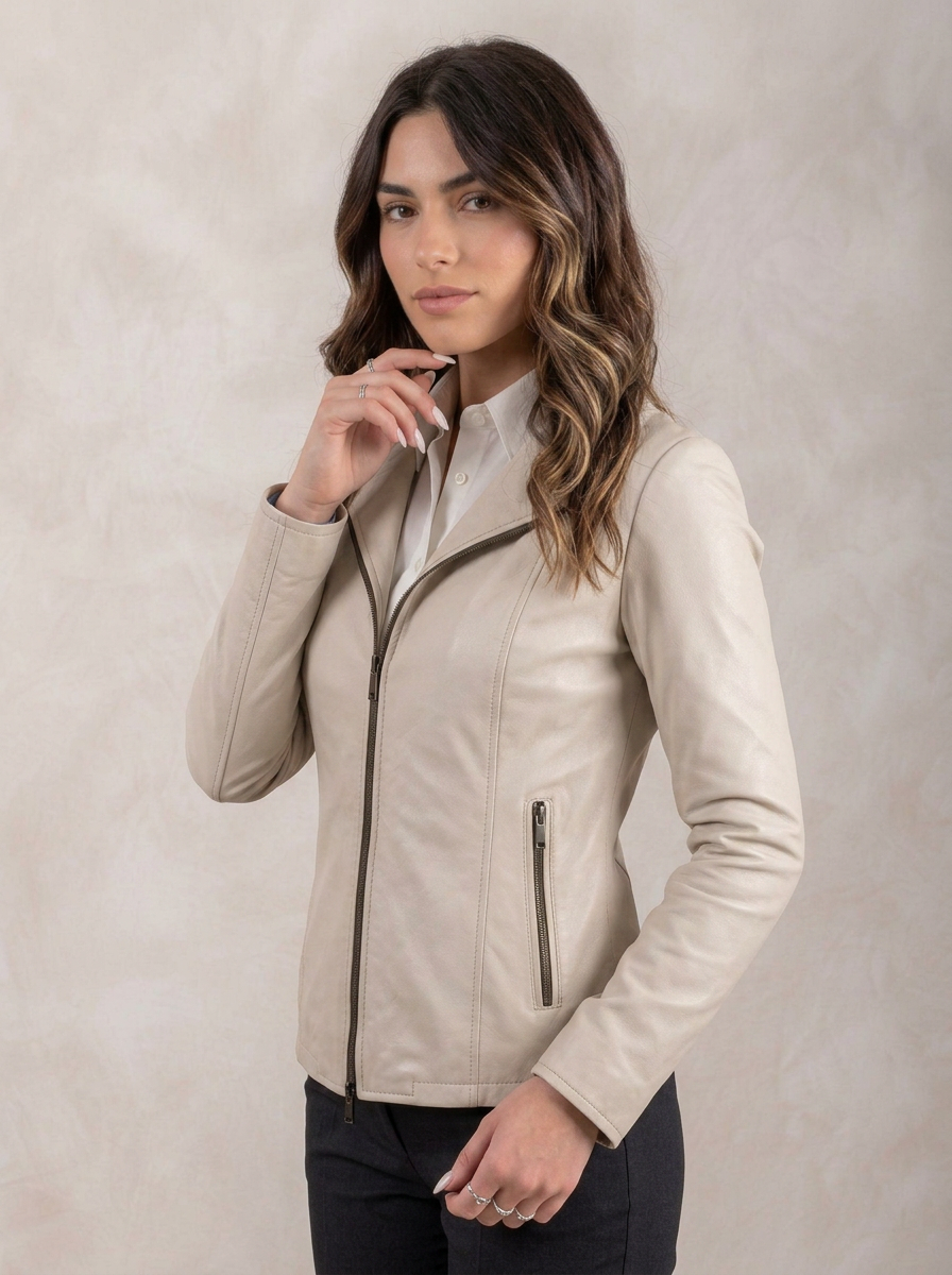 Giacca biker in pelle donna "Perla" — nappa ghiaccio