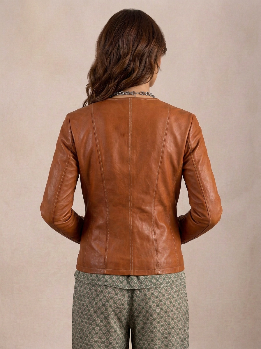 Giacca biker in pelle donna "Perla" — scollato cognac