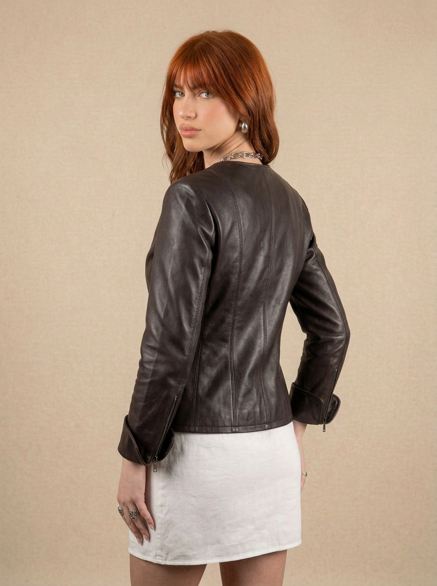 Giacca biker in pelle donna "Perla" — scollato testa di moro