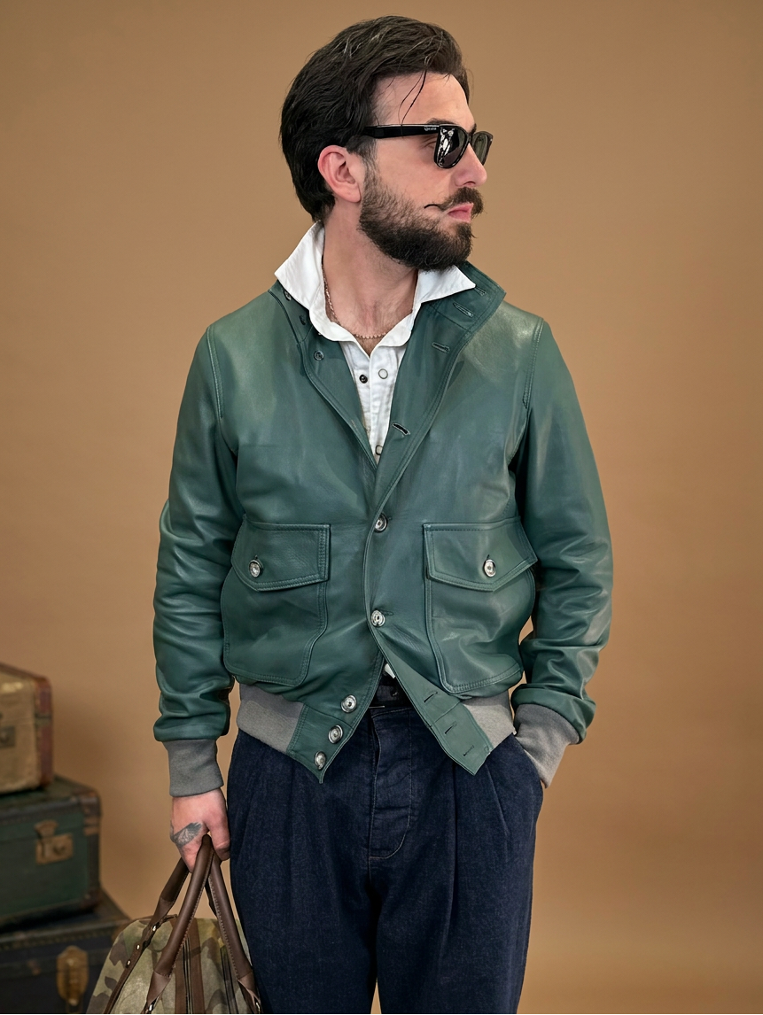 Bomber in pelle uomo "Brera" — verde petrolio luxury con bottoni