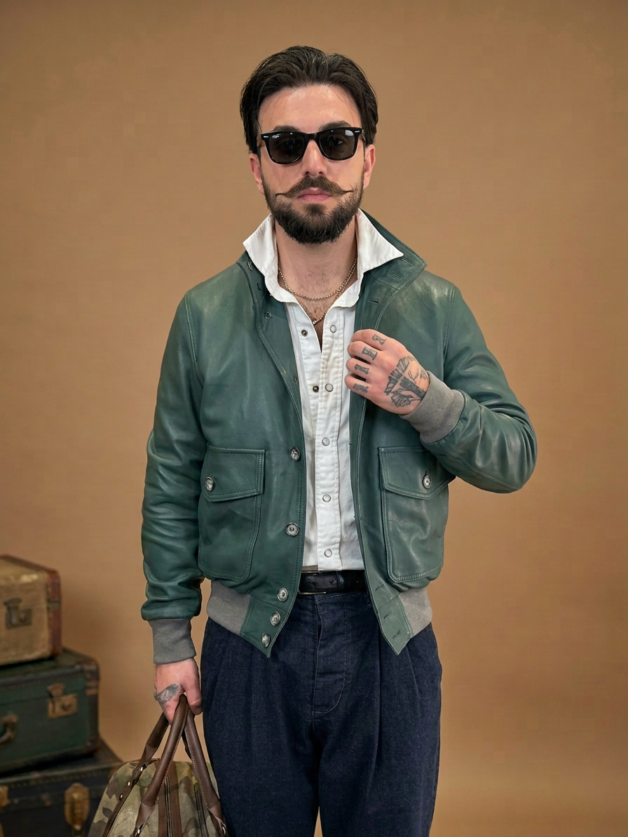 Bomber in pelle uomo "Brera" — verde petrolio luxury con bottoni