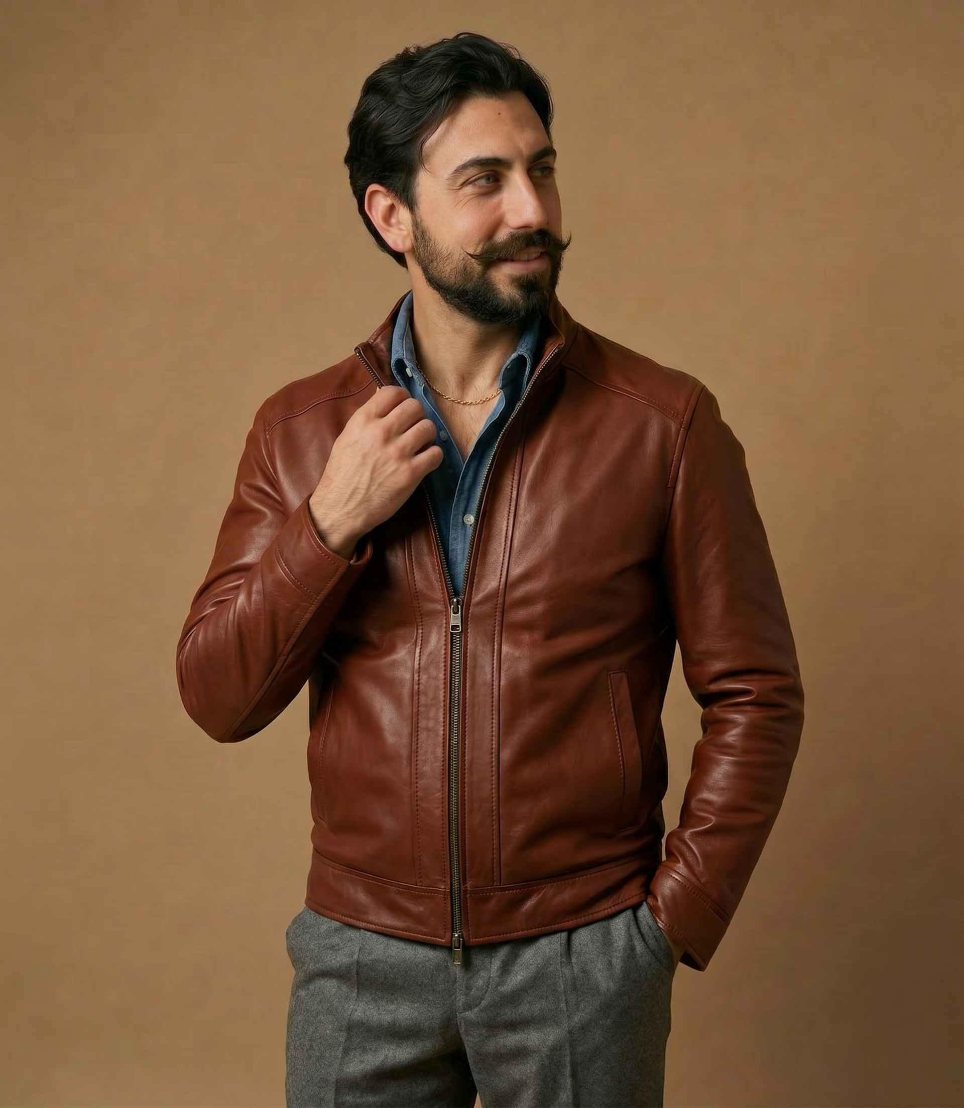 Chiodo in pelle uomo Levante in agnello cognac concia naturale, vista frontale