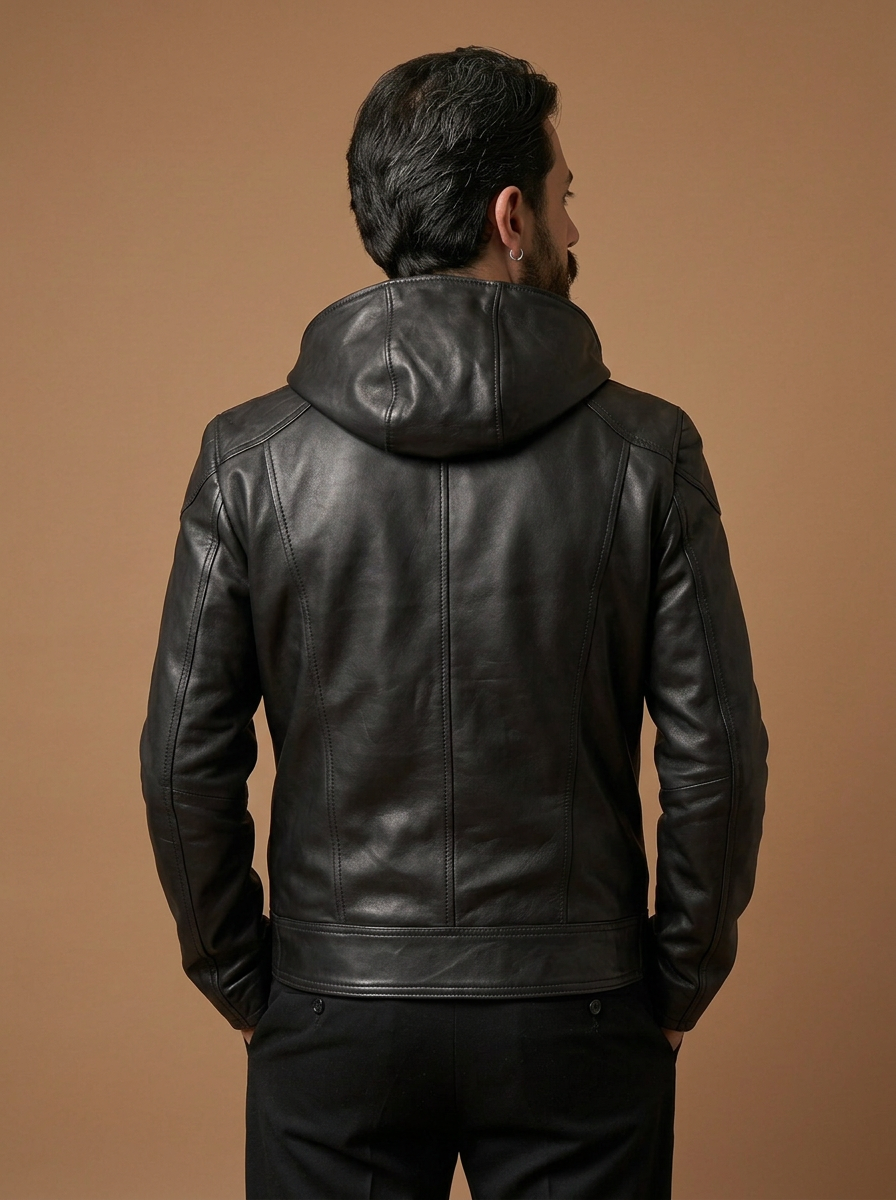 Giacca biker in pelle uomo "Vireo" — agnello con cappuccio staccabile, waxy