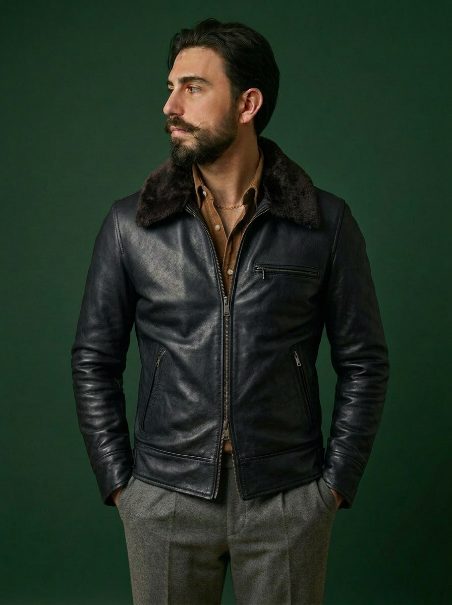 Giacca biker in pelle uomo "Heritage Rider" — agnello nero, concia vegetale