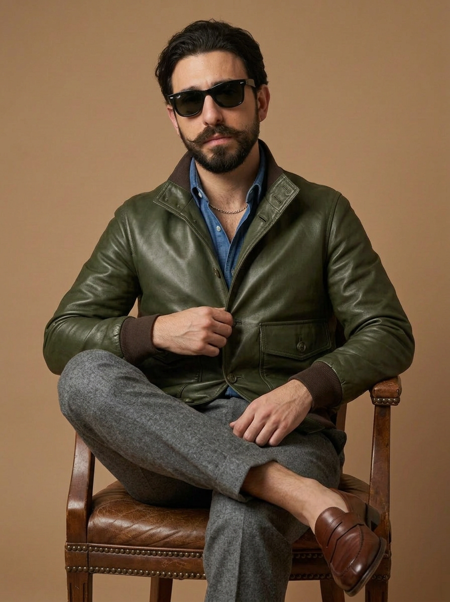Bomber in pelle uomo "Brera" — verde petrolio scuro luxury