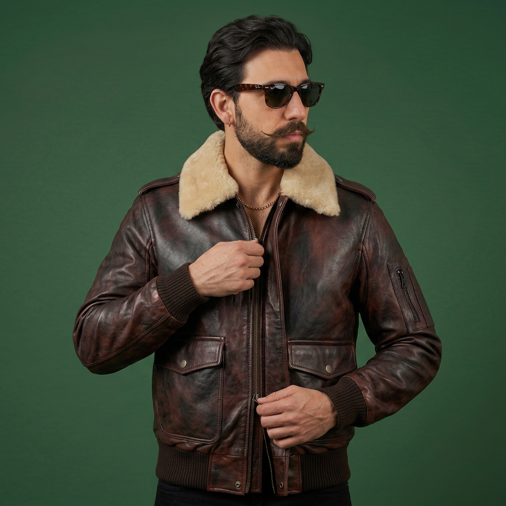 Bomber in pelle Aviazione effetto vintage castagno “Falconer"